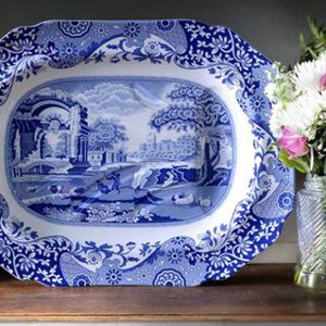 Spode Blue Italian Large Rectangular Handled Dish | Deep Baking Pan for Oven